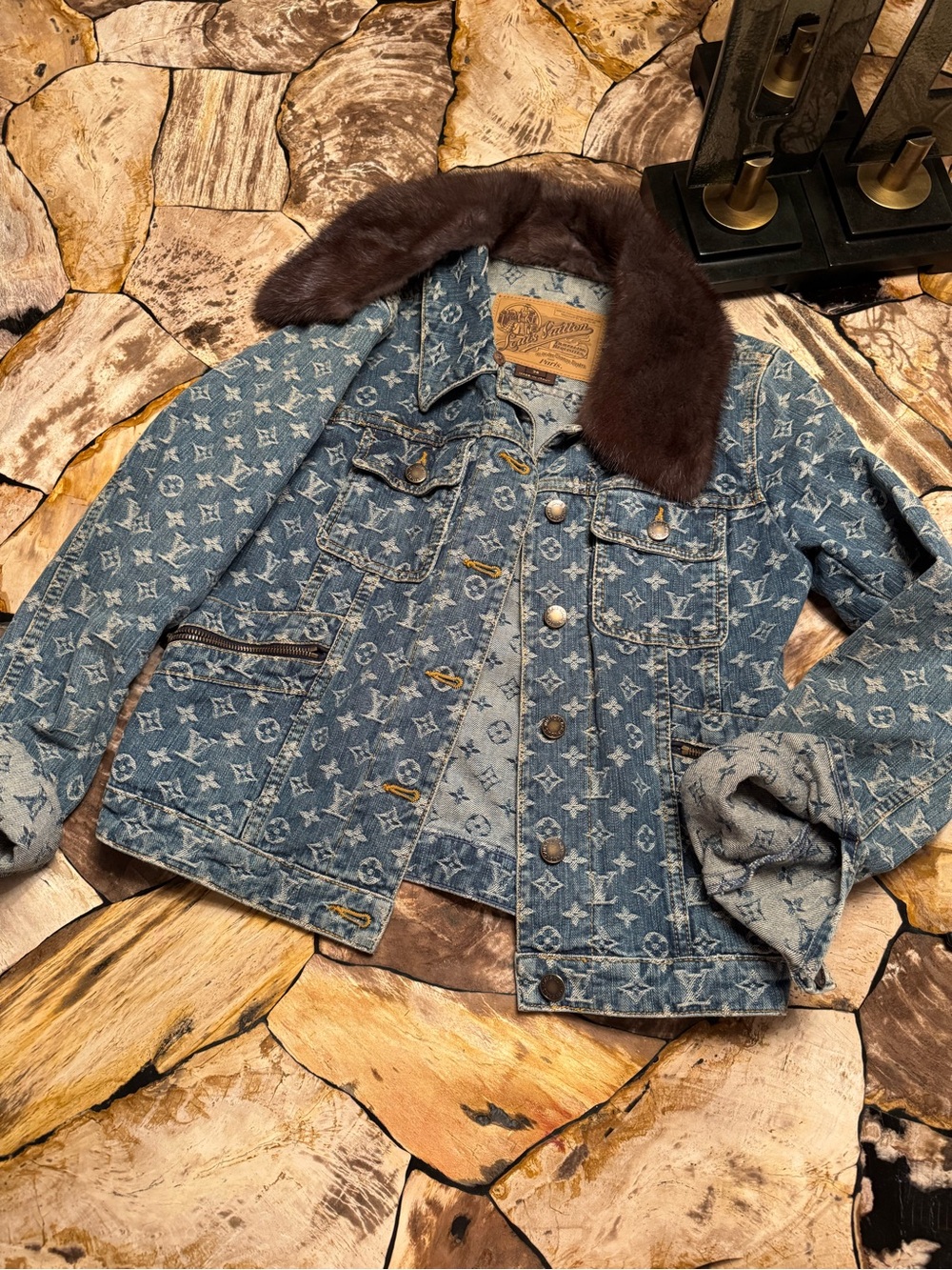 Louis Vuitton Blue Monogram Denim Jacket with Brown Fur Collar (18 bust)